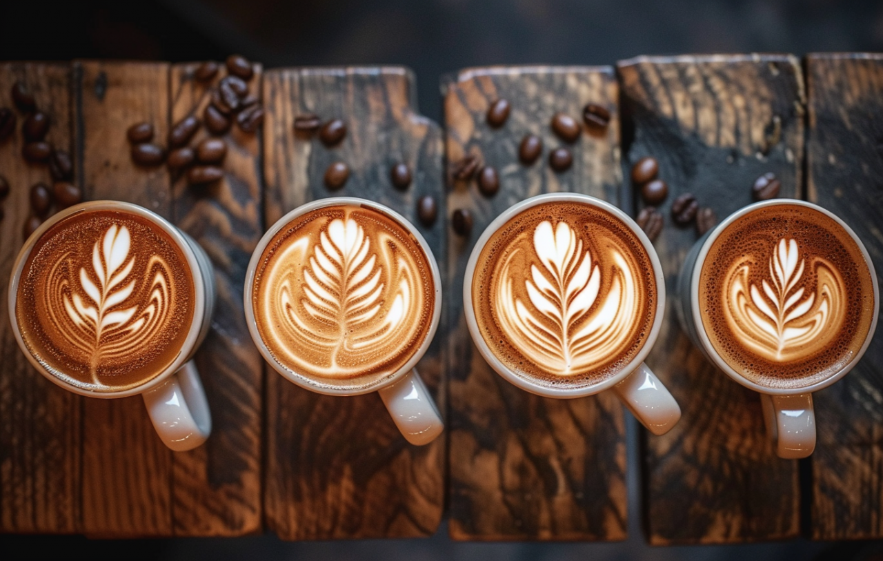 Vista superior de cuatro tazas con latte art, comparando diferentes tipos de café.