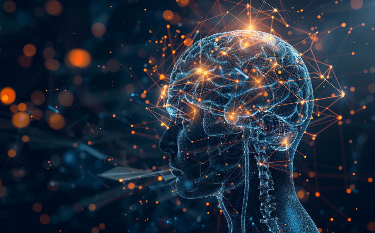 Ilustración de un cerebro digital con conexiones brillantes que representan el BDNF (factor neurotrófico derivado del cerebro) y la neuroplasticidad.