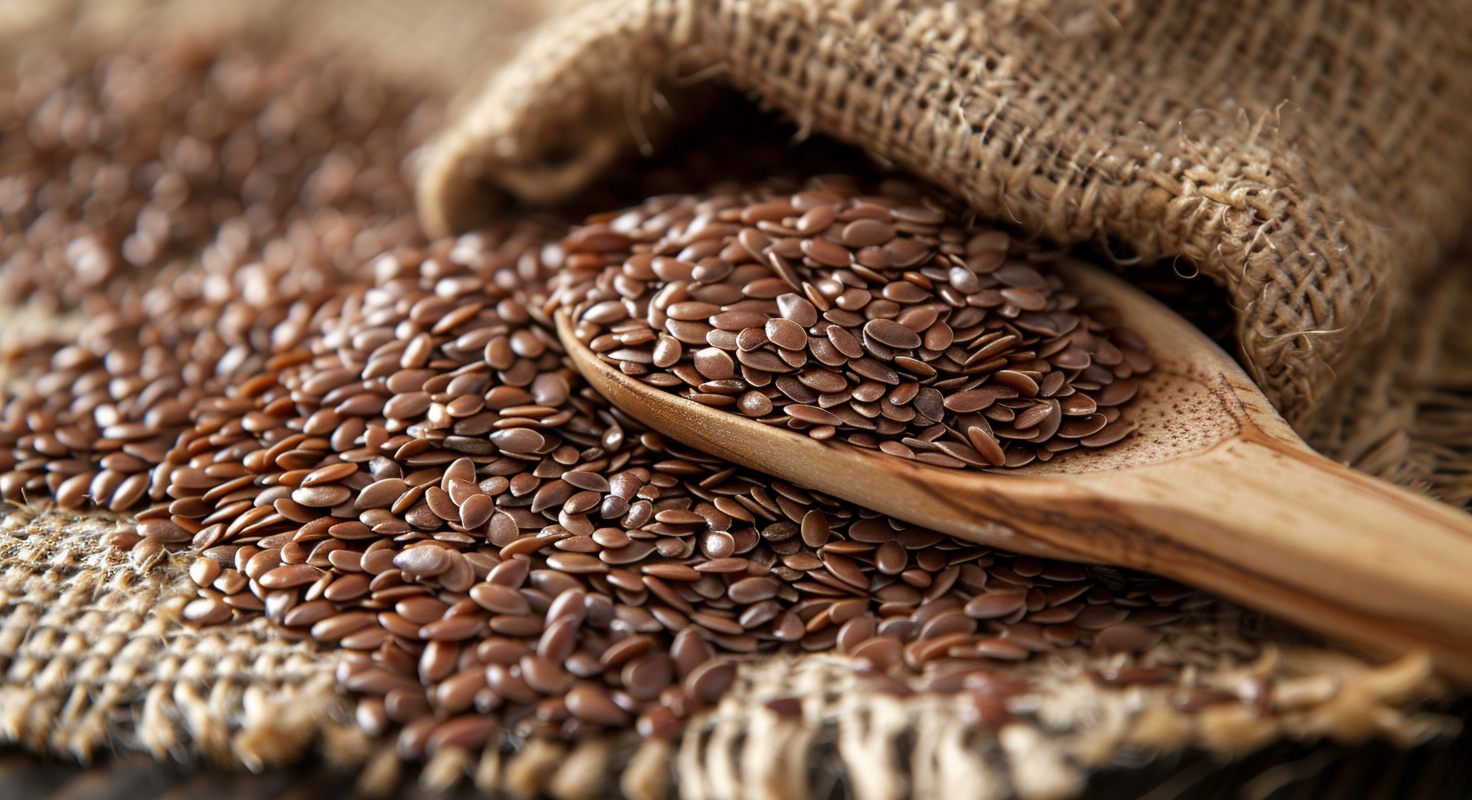 Cucharada y saco con semillas marrones sobre arpillera; imagen ilustrativa para artículo sobre semillas (chia).
