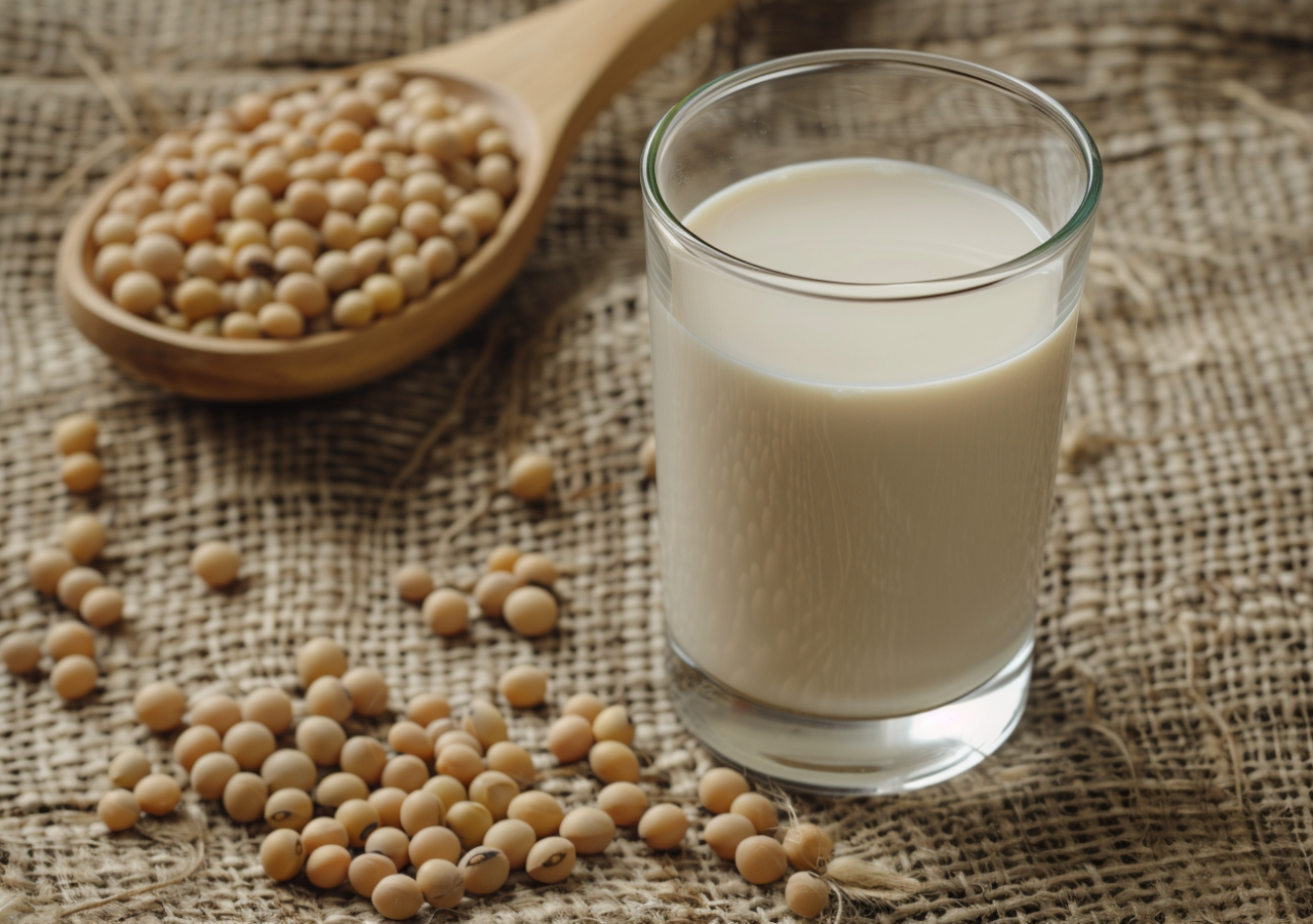 Vaso de leche de soja junto a granos de soja sobre tela de lino