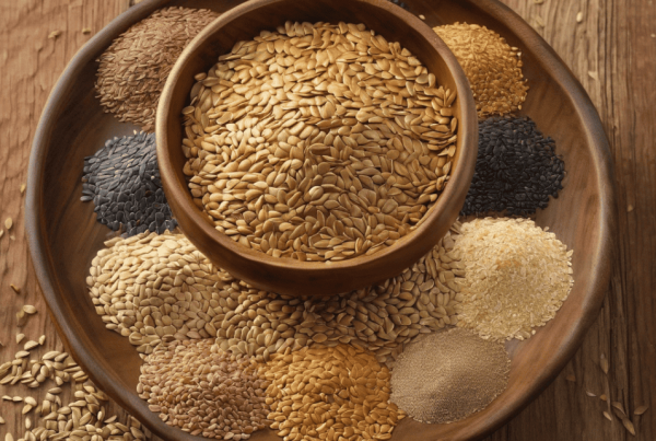 Plato de madera con varias semillas visto desde arriba; destacan semillas de lino doradas y marrones.