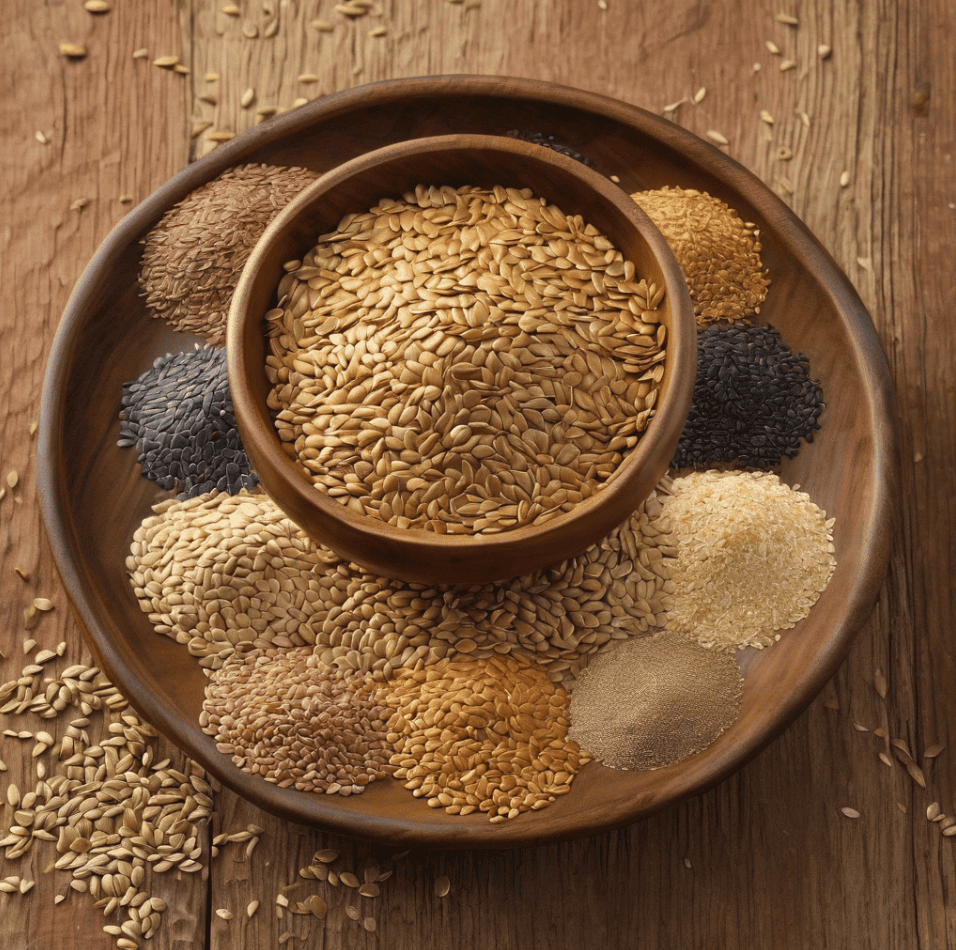 Plato de madera con varias semillas visto desde arriba; destacan semillas de lino doradas y marrones.