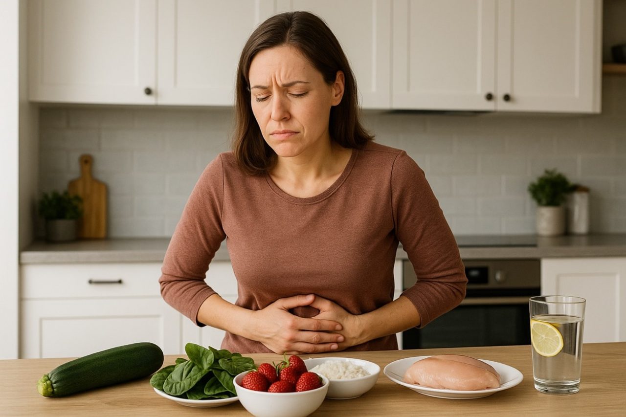 Mujer con dolor abdominal frente a un plato de comida saludable, representando SIBO síntomas