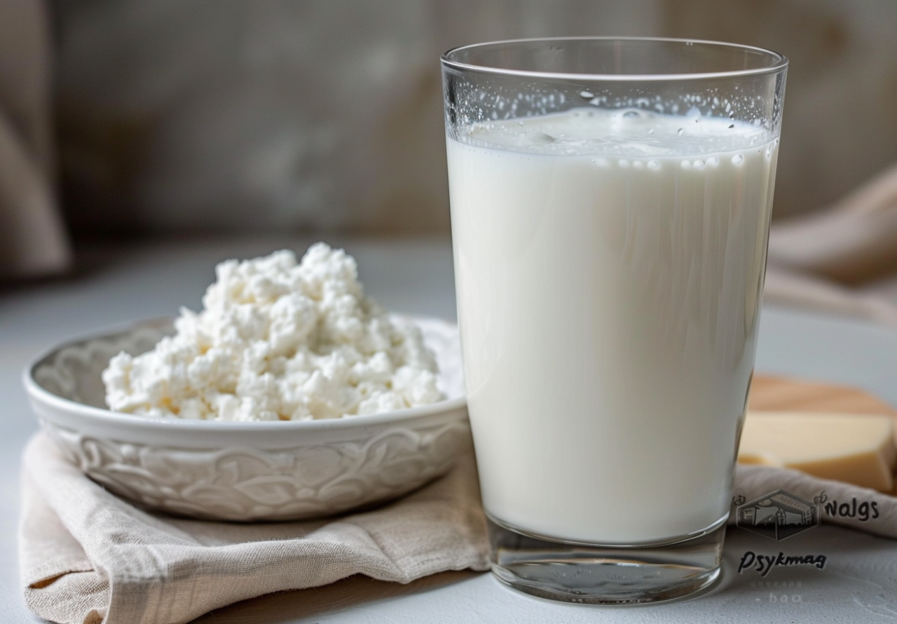 5 beneficios del kéfir: vaso de kéfir de leche y cuenco de lácteo fermentado sobre la mesa
