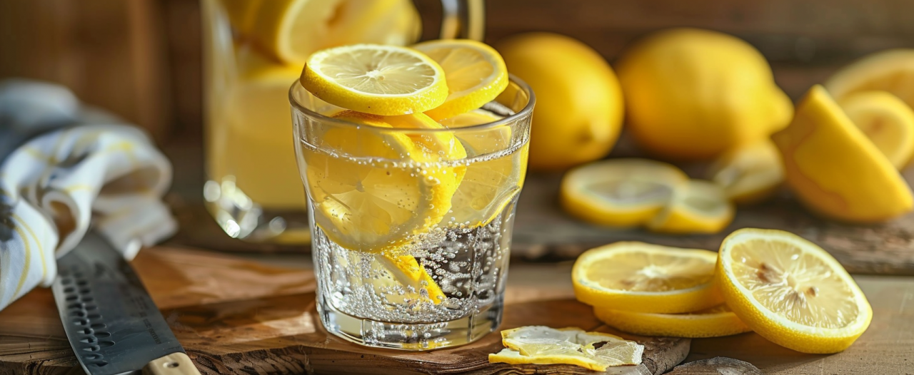 Vaso de agua con limón y rodajas de limón sobre una mesa, imagen para el artículo sobre 10 beneficios del limón.