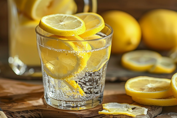 Vaso de agua con limón y rodajas de limón sobre una mesa, imagen para el artículo sobre 10 beneficios del limón.