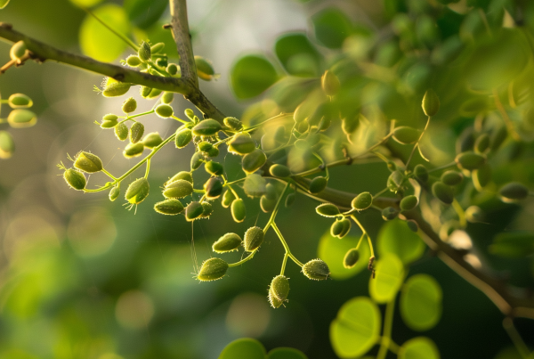 Primer plano de una planta con semillas verdes y vainas pequeñas en una rama, representando un extracto vegetal utilizado en complementos alimenticios.