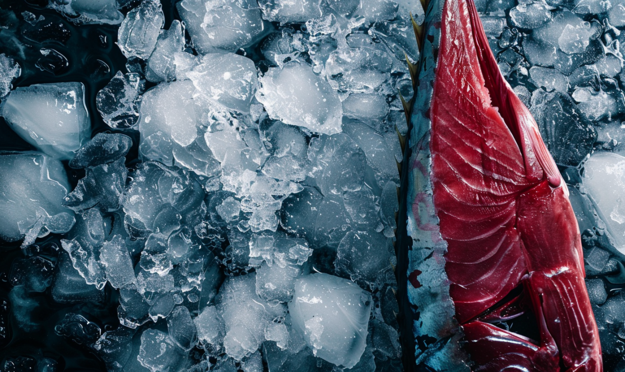 Filete de atún fresco sobre hielo, representando el pescado azul como fuente de omega-3 y nutrientes esenciales para una alimentación saludable.