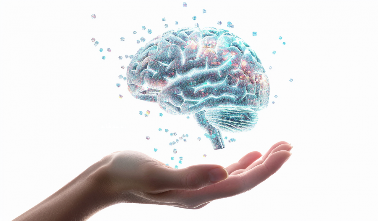 Representación del cerebro humano como holograma sostenido por una mano, símbolo del enfoque integral de la psiconeuroinmunología (PNI).