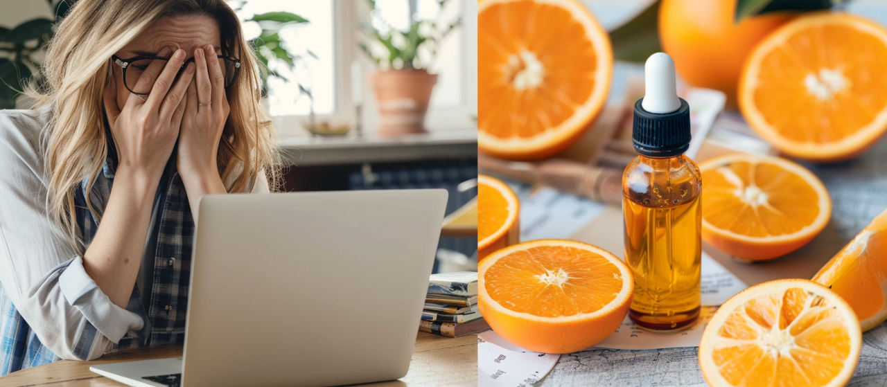 Relación entre estrés, cortisol y vitamina C: mujer con fatiga frente al ordenador y vitamina C procedente de cítricos
