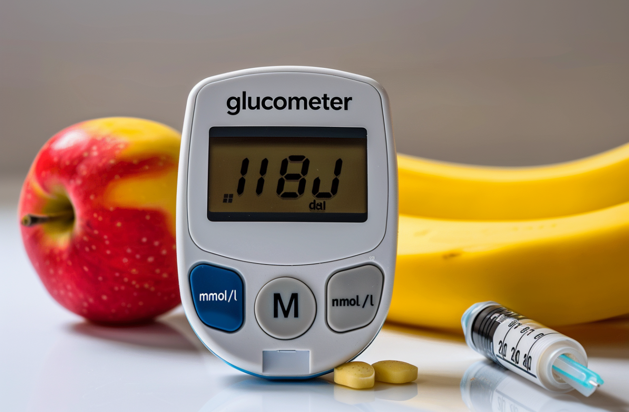 Medidor de glucosa junto a alimentos ricos en carbohidratos para ilustrar el concepto de carga glucémica y su impacto en los niveles de azúcar en sangre