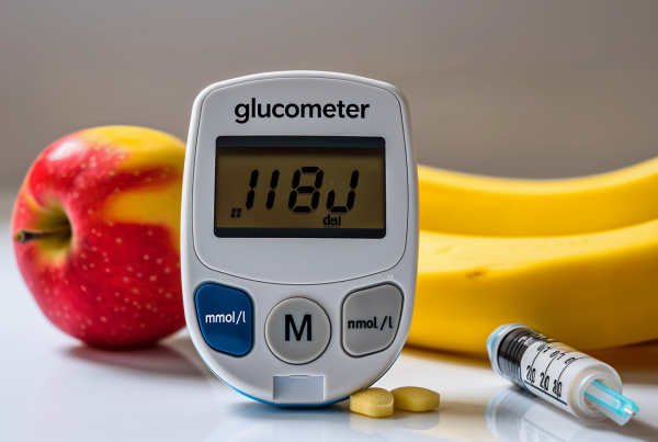 Medidor de glucosa junto a alimentos ricos en carbohidratos para ilustrar el concepto de carga glucémica y su impacto en los niveles de azúcar en sangre