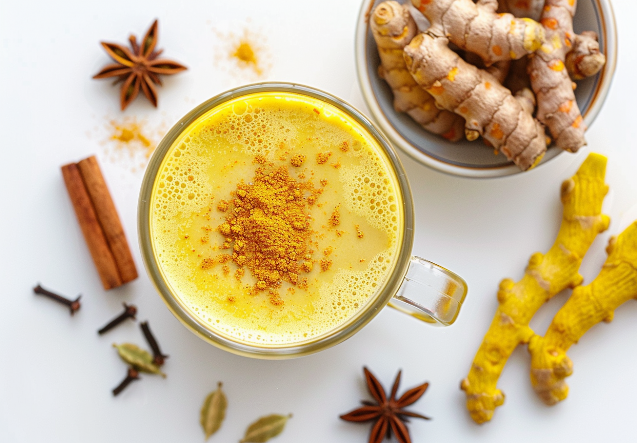 Chupito antiinflamatorio elaborado con cúrcuma, jengibre y especias, servido en vaso sobre fondo claro con ingredientes naturales alrededor.