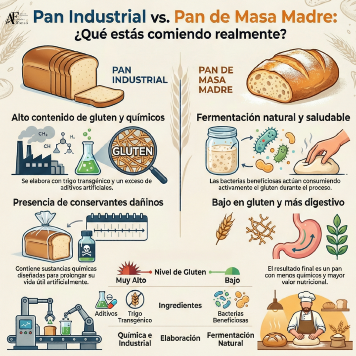Infografía comparativa sobre pan de masa madre y pan industrial, destacando fermentación natural, menor impacto glucémico y mejor digestibilidad.