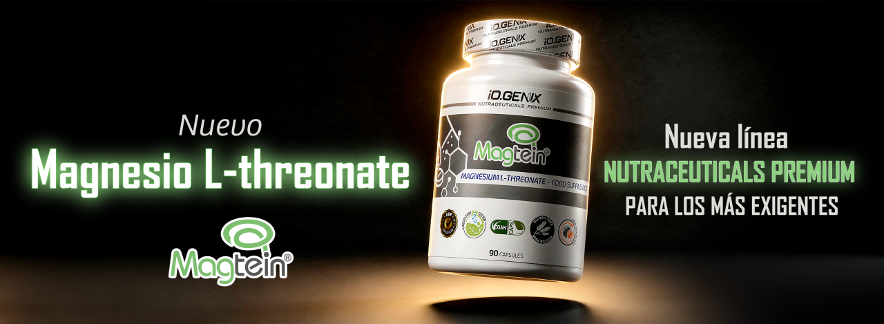 Treonato de magnesio Magtein® de iO.GENIX en formato cápsulas, suplemento premium para el sistema nervioso y la función cognitiva.