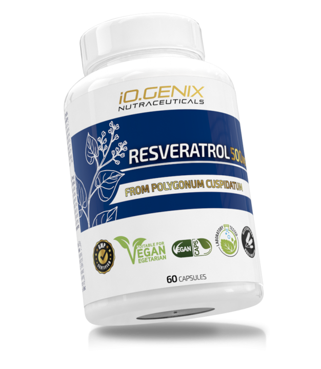 Bote de Resveratrol 600 mg de iO.GENIX Nutraceuticals, procedente de Polygonum cuspidatum, 60 cápsulas, apto para veganos.