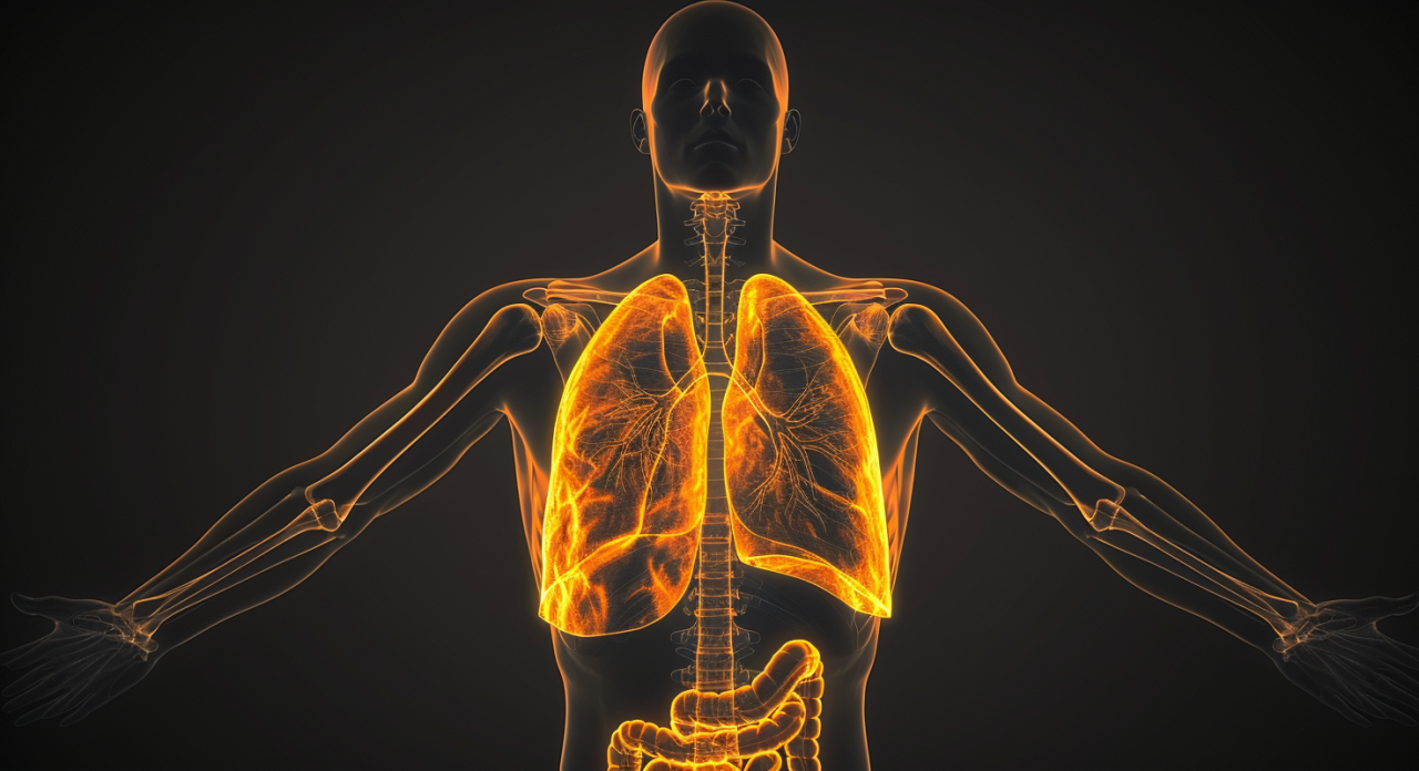 Ilustración 3D del cuerpo humano con los pulmones resaltados, representando procesos inflamatorios sistémicos y salud metabólica.
