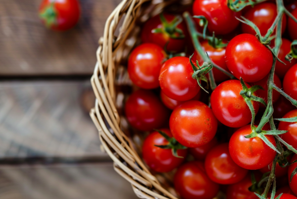 Cesta de tomates cherry frescos sobre mesa de madera representando las 10 propiedades del tomate y su valor nutricional.