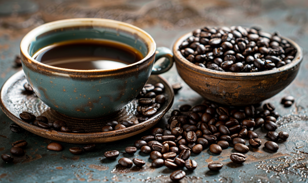 Taza de café recién preparado junto a granos de café tostado ilustrando las propiedades del café y su contenido en antioxidantes y cafeína.