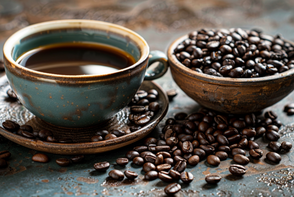 Taza de café recién preparado junto a granos de café tostado ilustrando las propiedades del café y su contenido en antioxidantes y cafeína.