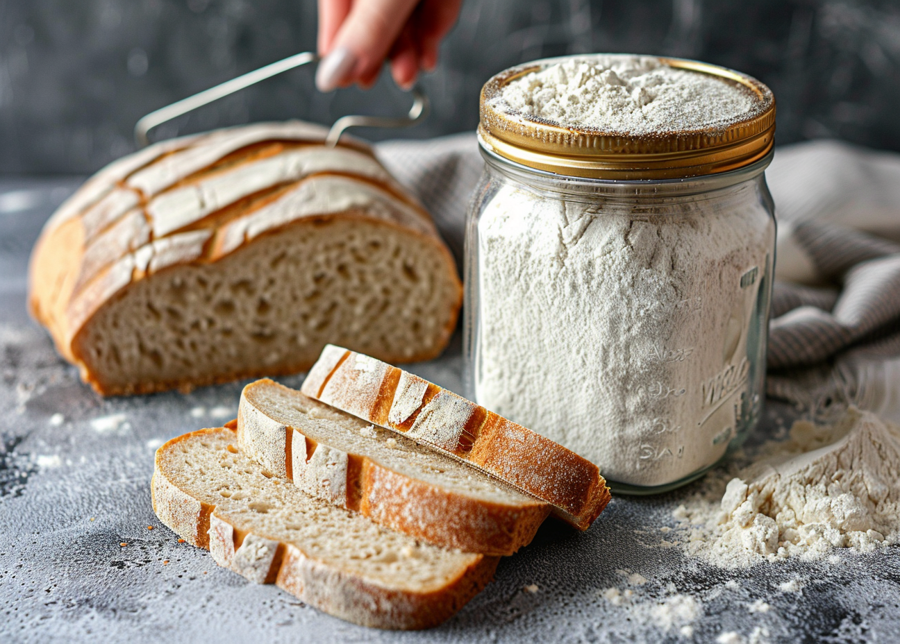 Pan de masa madre artesanal cortado en rebanadas junto a un tarro con harina para masa madre.