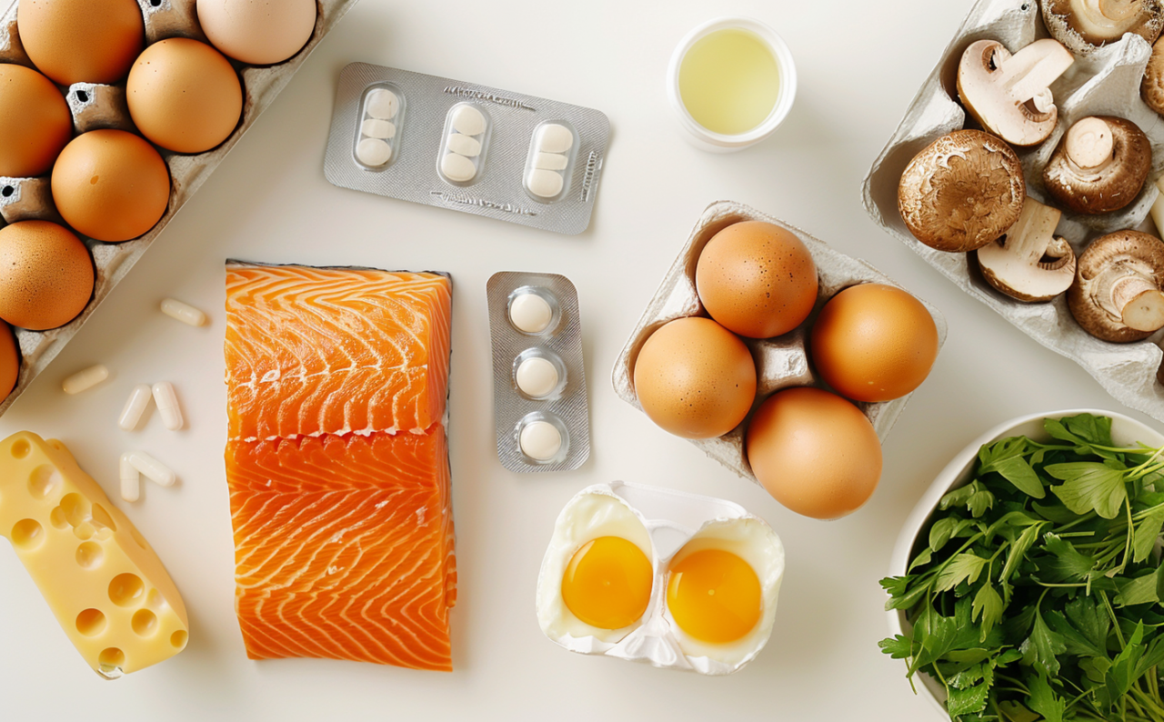 Alimentos ricos en vitamina D y nutrientes esenciales: salmón, huevos, queso, champiñones y espinacas sobre fondo claro.