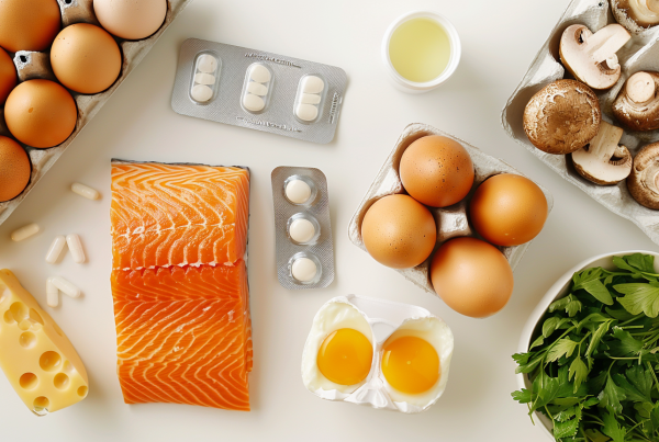 Alimentos ricos en vitamina D y nutrientes esenciales: salmón, huevos, queso, champiñones y espinacas sobre fondo claro.