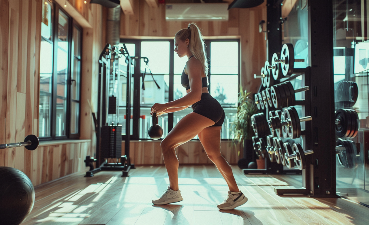 Mujer realizando un ejercicio de entrenamiento funcional en un gimnasio, combinando fuerza, coordinación y estabilidad corporal.