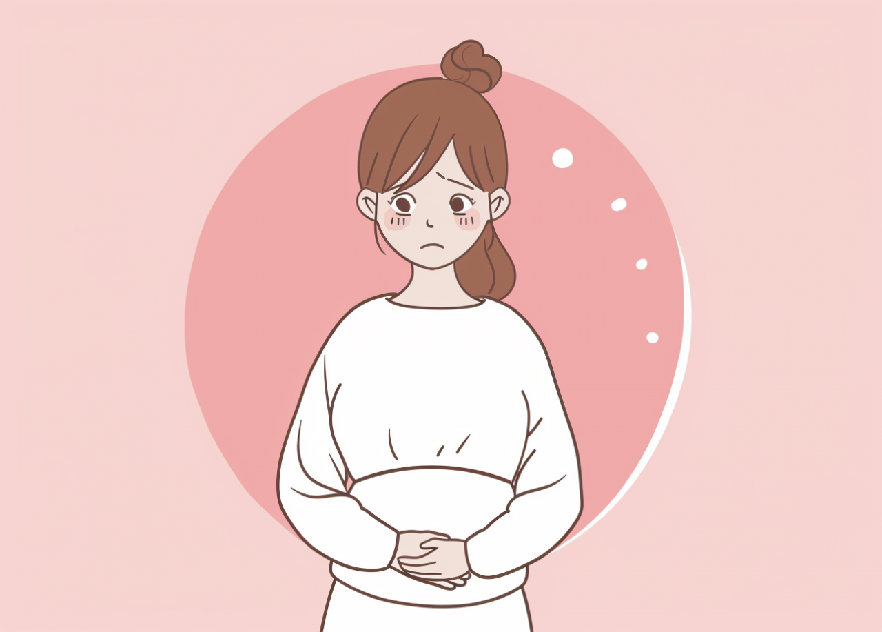 Ilustración de mujer con dolor abdominal relacionada con las 10 causas de hinchazón.