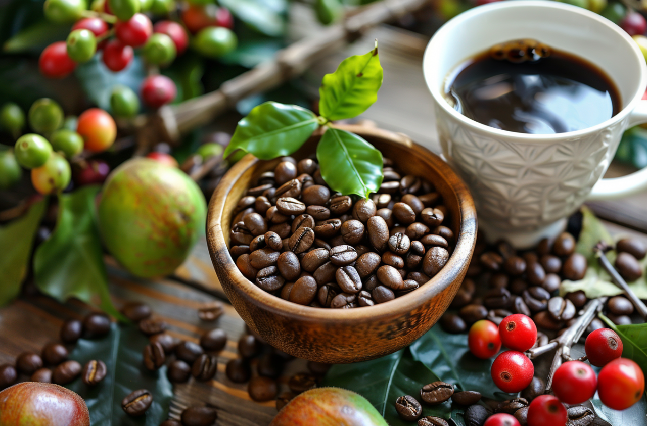 Cuenco de madera con granos de café y taza de café, rodeados de frutos verdes y rojos del cafeto, representando café de especialidad y origen natural.