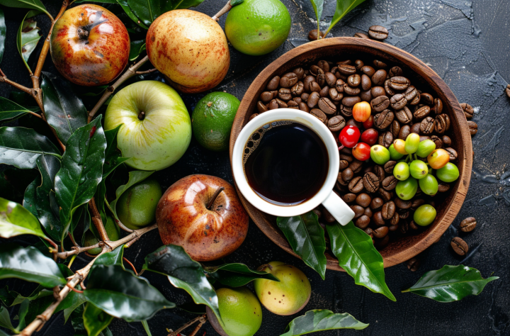 Cuenco de madera con granos de café, taza de café negro y frutos del cafeto verdes y rojos sobre superficie oscura.