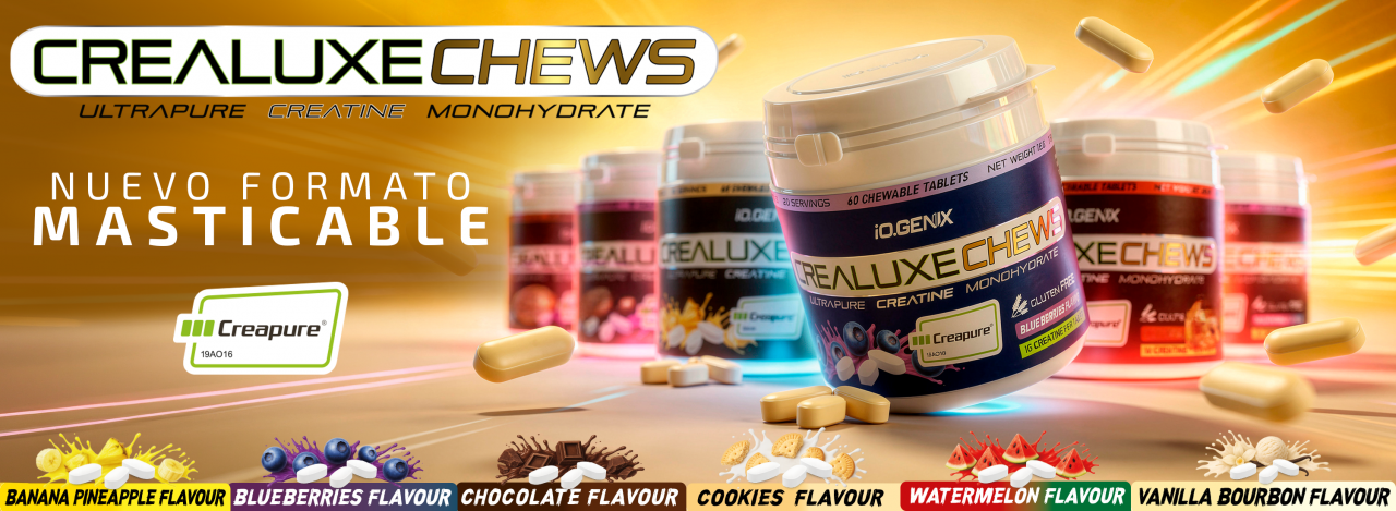 Banner promocional de Crealuxe Chews de iO.GENIX con creatina en comprimidos masticables Creapure® y varios sabores disponibles.