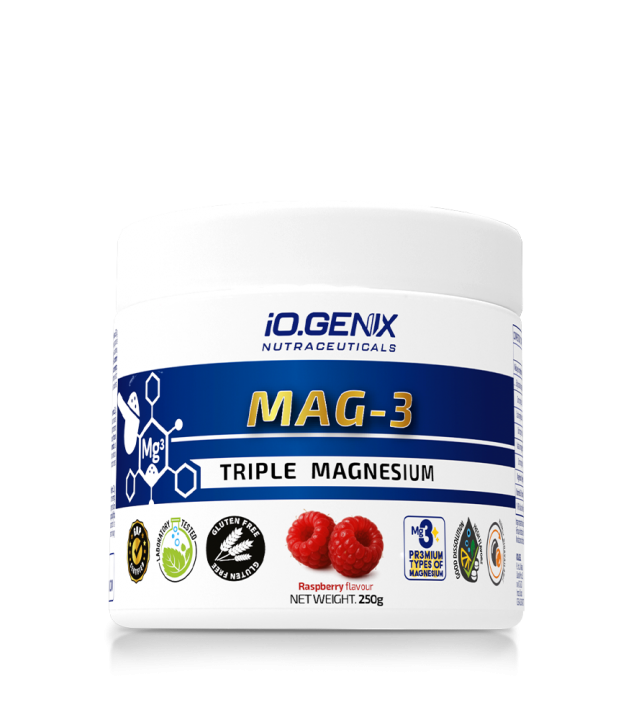 Bote de Mag-3 de iO.GENIX Nutraceuticals utilizado para ilustrar un contenido sobre suplementos y salud hormonal.