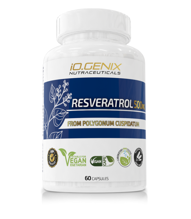 Bote de resveratrol 500 mg de iO.GENIX relacionado con resveratrol y longevidad