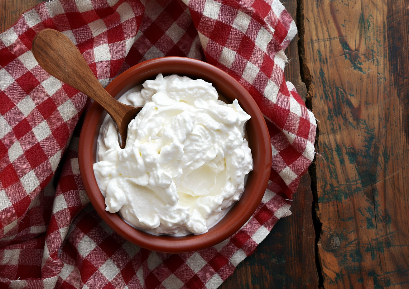 Bol de yogur griego cremoso sobre mantel de cuadros rojos; yogur propiedades nutricionales y beneficios.