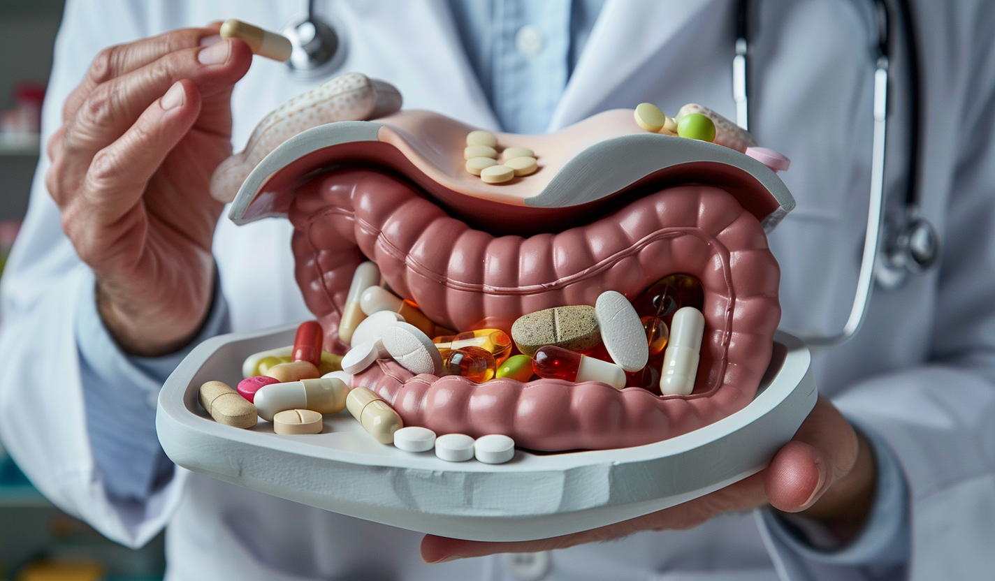 Imagen ilustrativa sobre indicadores de salud metabólica, con un modelo anatómico del aparato digestivo sostenido por un profesional sanitario y varias cápsulas y comprimidos sobre el estómago e intestinos.