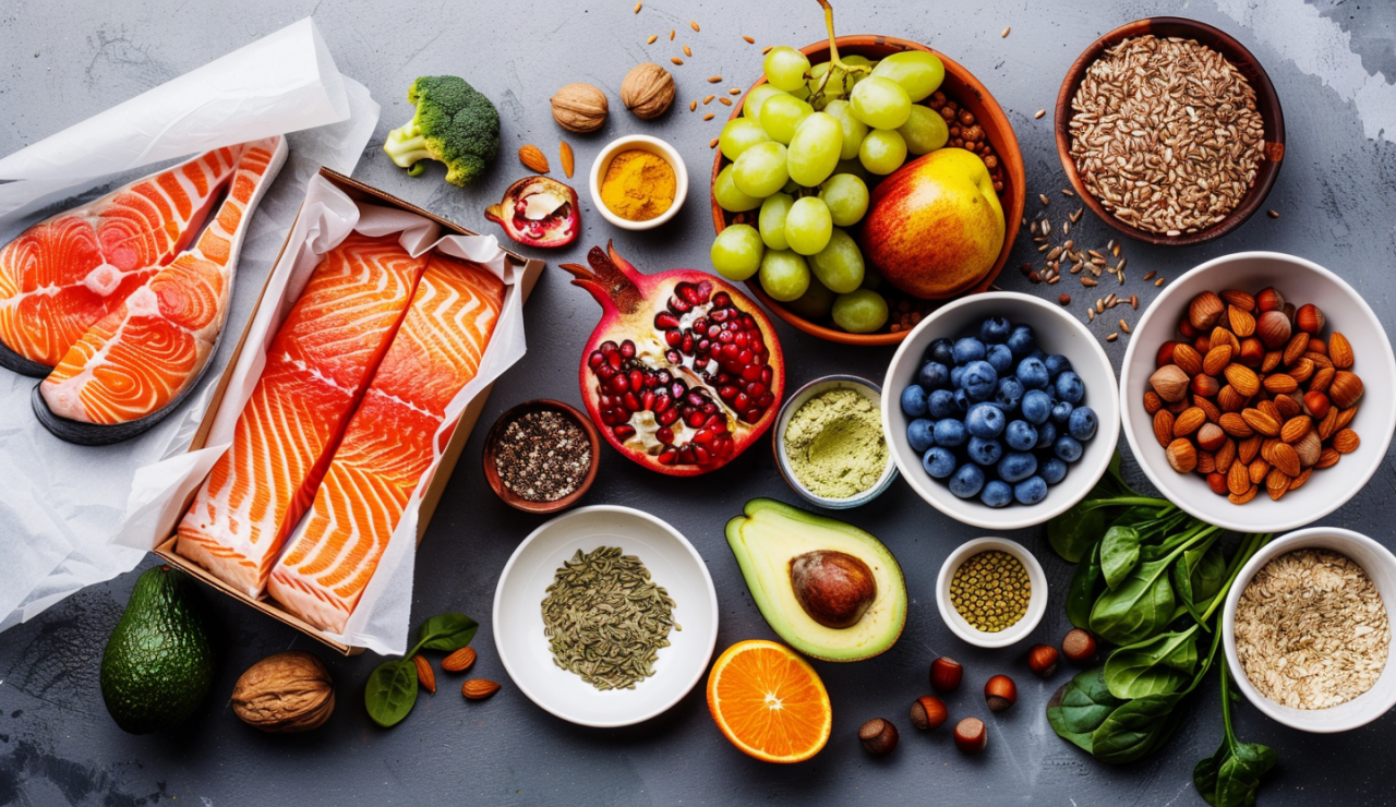 Comer sano con alimentos frescos como salmón, frutas, verduras, frutos secos, aguacate y cereales integrales