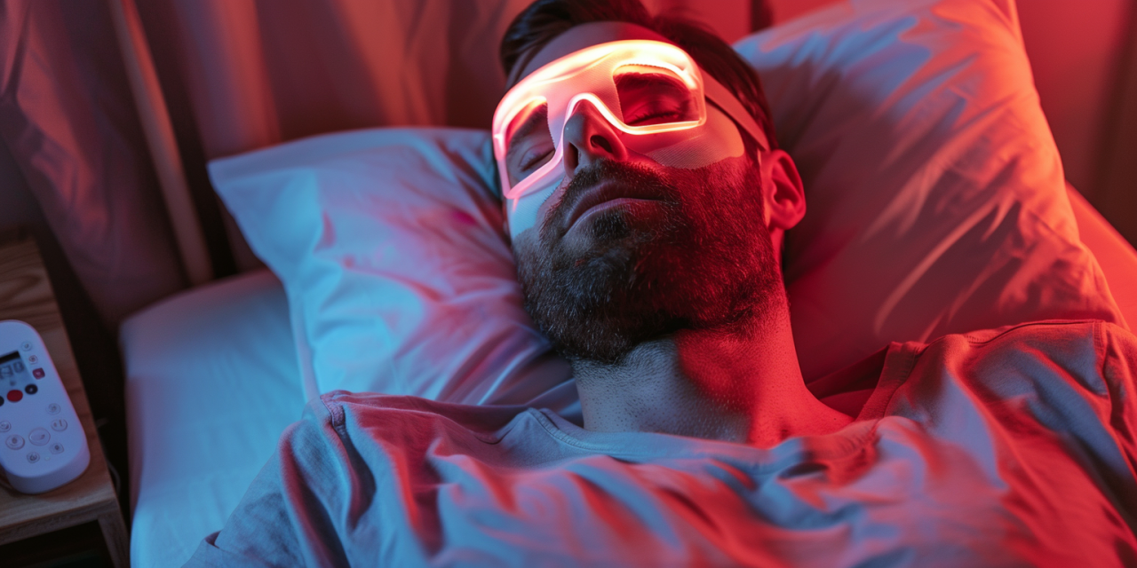 Hombre descansando en la cama con antifaz luminoso, representando el biohacking del sueño y la optimización del descanso.