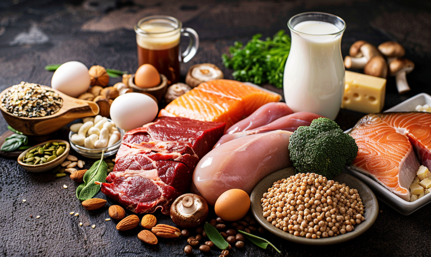 Imagen de alimentos ricos en proteínas y nutrientes, utilizada para ilustrar un artículo sobre resistencia a la leptina, metabolismo y control del apetito.