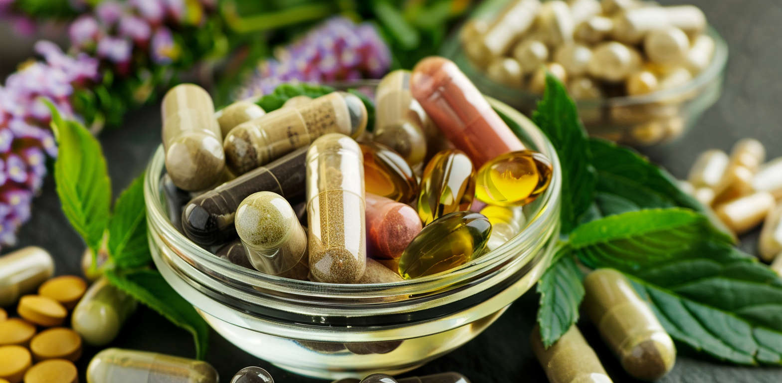 Imagen de cápsulas y aceites naturales en un cuenco, utilizada para ilustrar un artículo sobre suplementos y salud hormonal.