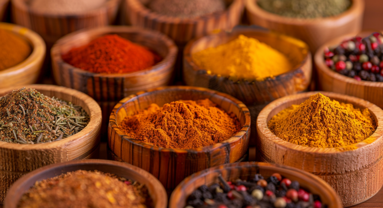 Variedad de especias antiinflamatorias en cuencos de madera, como cúrcuma, pimienta y hierbas secas, sobre una mesa rústica.
