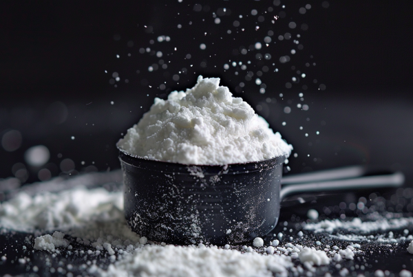 Cacito con glutamina en polvo ilustrando la relación entre glutamina y permeabilidad intestinal.