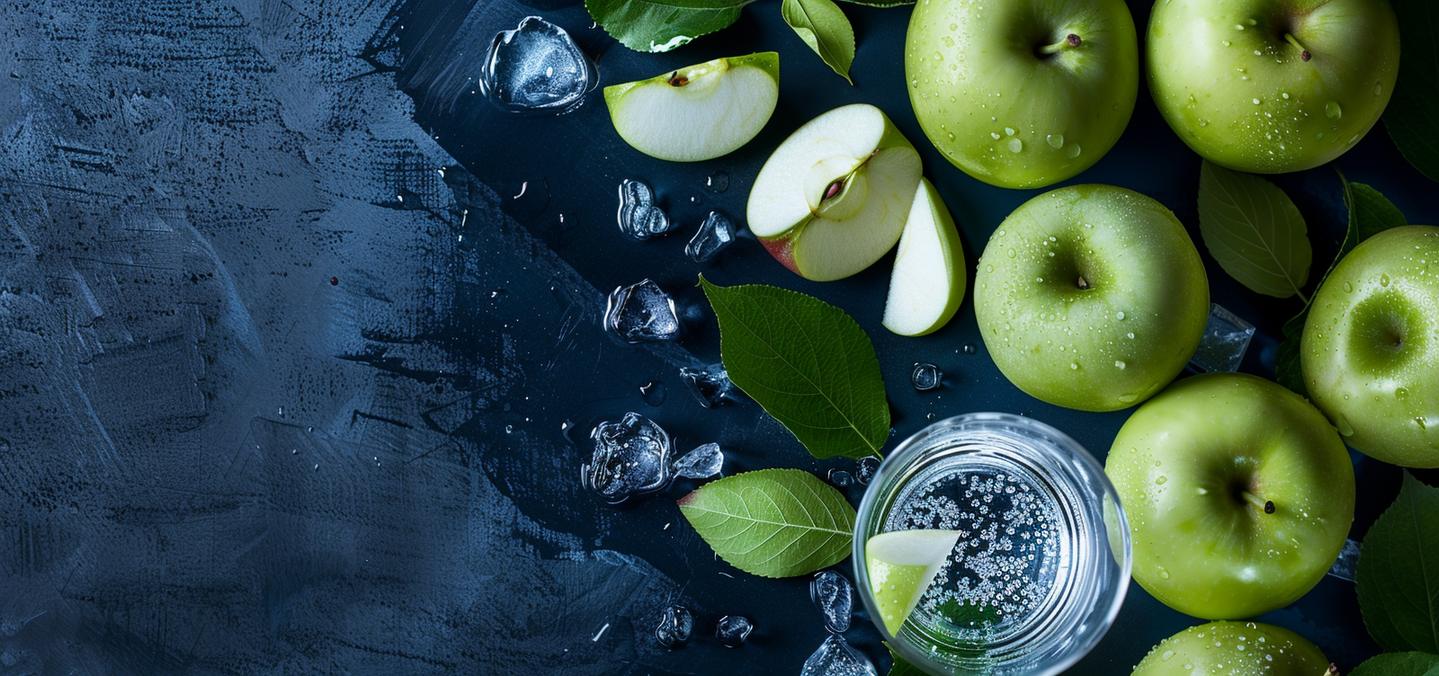Manzanas verdes y un vaso de agua con limón, una imagen que representa de forma visual la comparación entre ácido málico y ácido cítrico