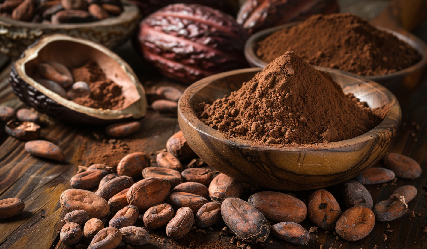 5 propiedades del cacao en polvo y en grano sobre superficie de madera