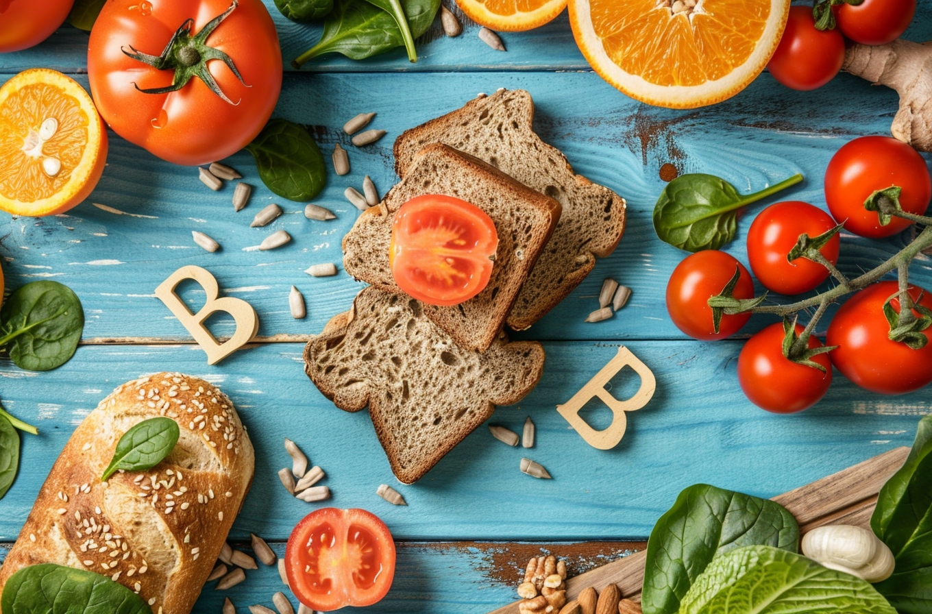 Alimentos ricos en vitamina B9 como pan integral, tomate, naranja, espinacas y semillas, representando la diferencia entre ácido fólico y folato.