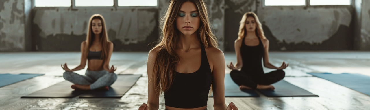 Tres mujeres sentadas sobre esterillas practicando yoga y respiración en un espacio interior, imagen asociada a técnicas corporales para regular el estrés y calmar el sistema nervioso.