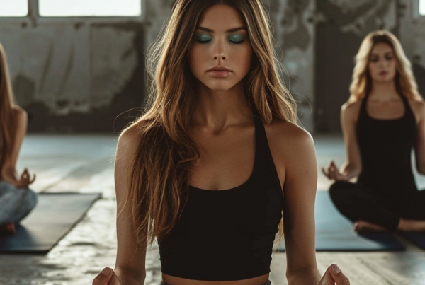 Tres mujeres sentadas sobre esterillas practicando yoga y respiración en un espacio interior, imagen asociada a técnicas corporales para regular el estrés y calmar el sistema nervioso.