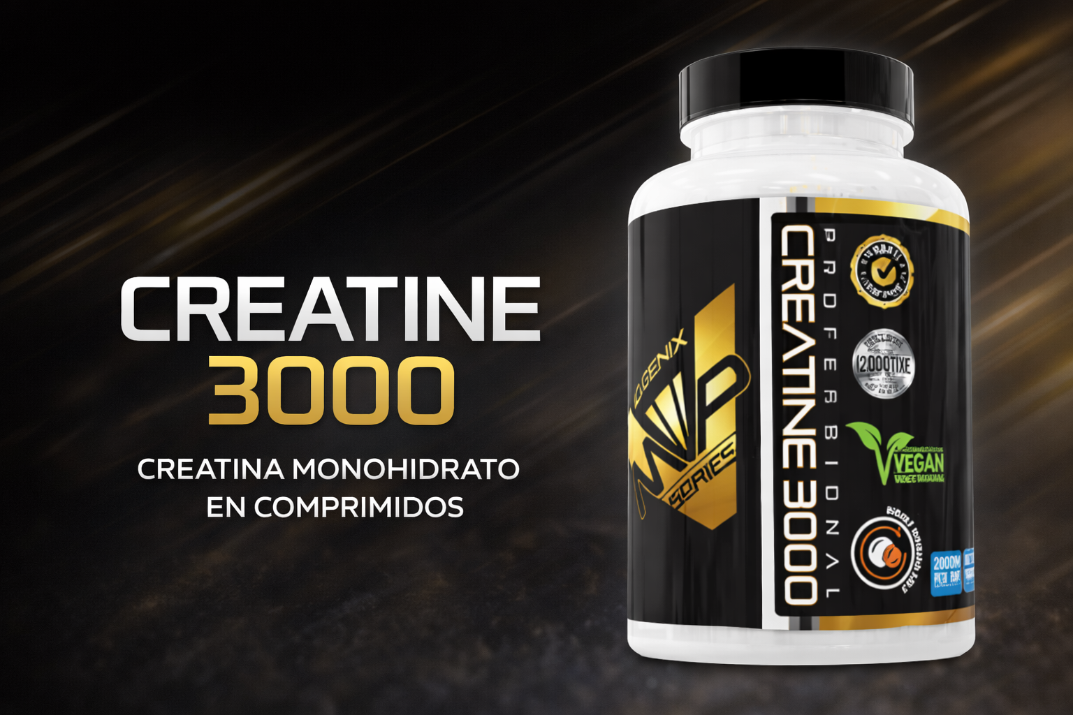 Banner promocional de CREATINE 3000 de iO.GENIX con el bote del producto y el texto creatina monohidrato en comprimidos.