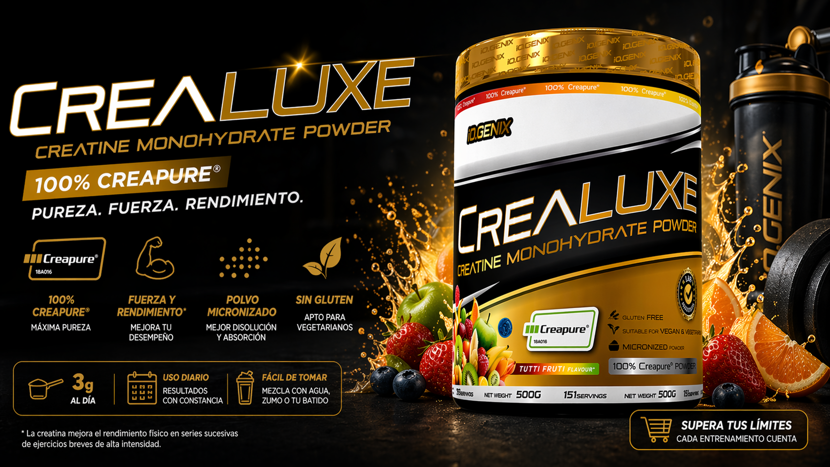 Banner de Crealuxe de iO.GENIX con el producto en primer plano y un diseño visual centrado en creatina monohidrato Creapure para fuerza y rendimiento.