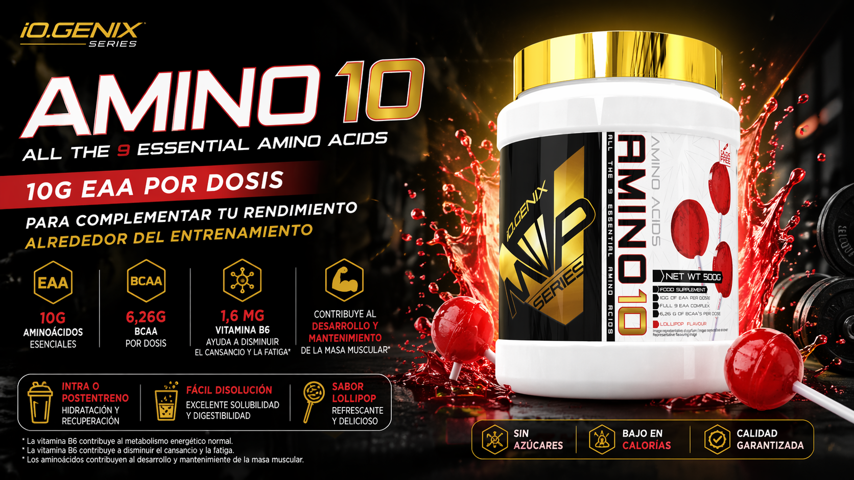 Banner de Amino 10 de iO.GENIX con el producto en primer plano y un diseño visual centrado en aminoácidos esenciales para uso intra o postentreno.